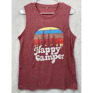 MYHALF Women's Happy Camper Sleeveless Soft T-Shirt Pink NWOT